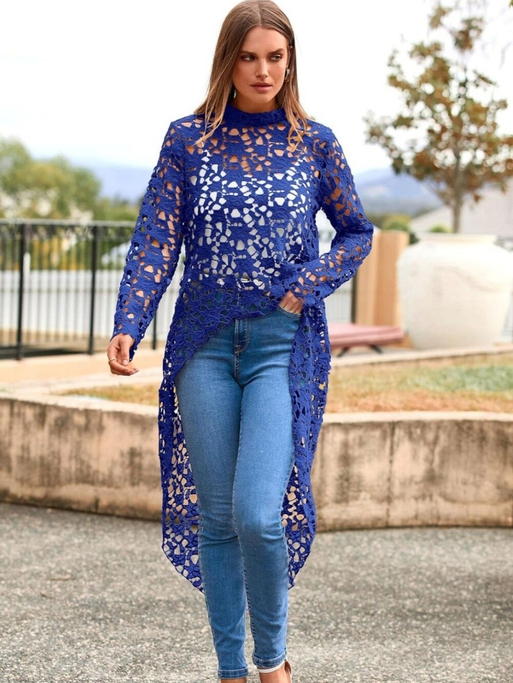 Blue Crochet High-Low Sweater Tunic